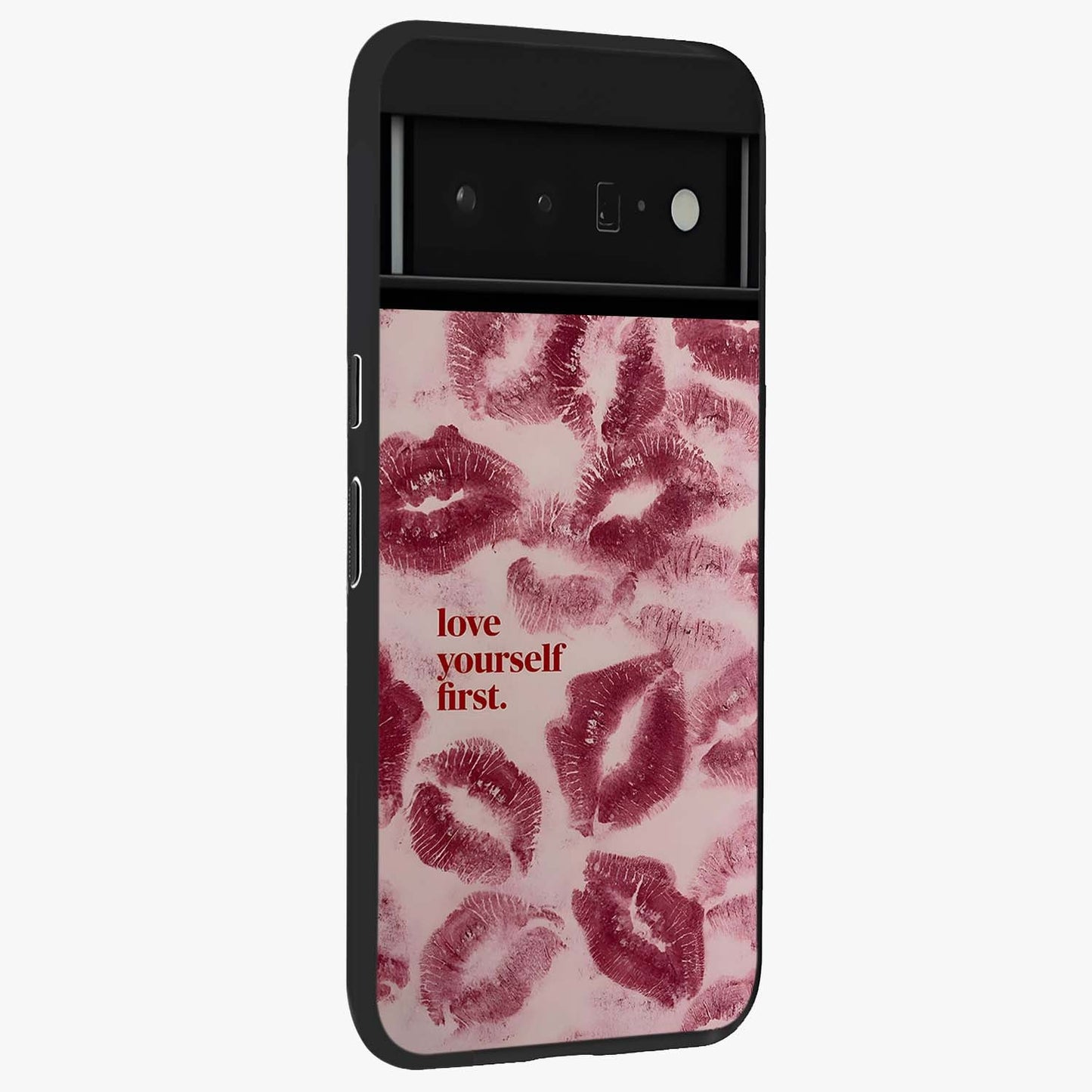 Crimson Kiss Love Glass Case upright view showcasing expressive romantic artwork with deep crimson theme.