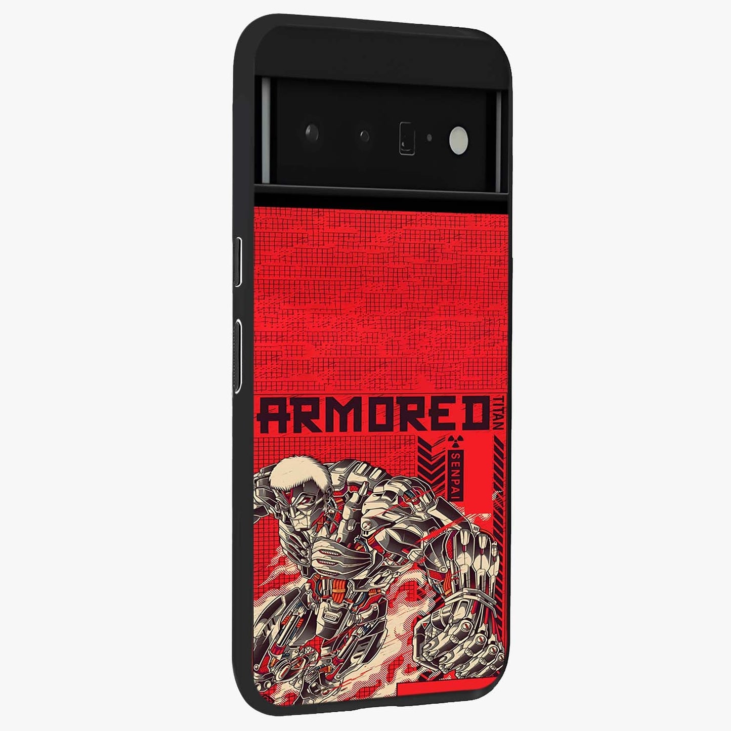 Crimson Mecha Titan Glass Case upright view showcasing dynamic robotic titan design with sci-fi inspired theme.