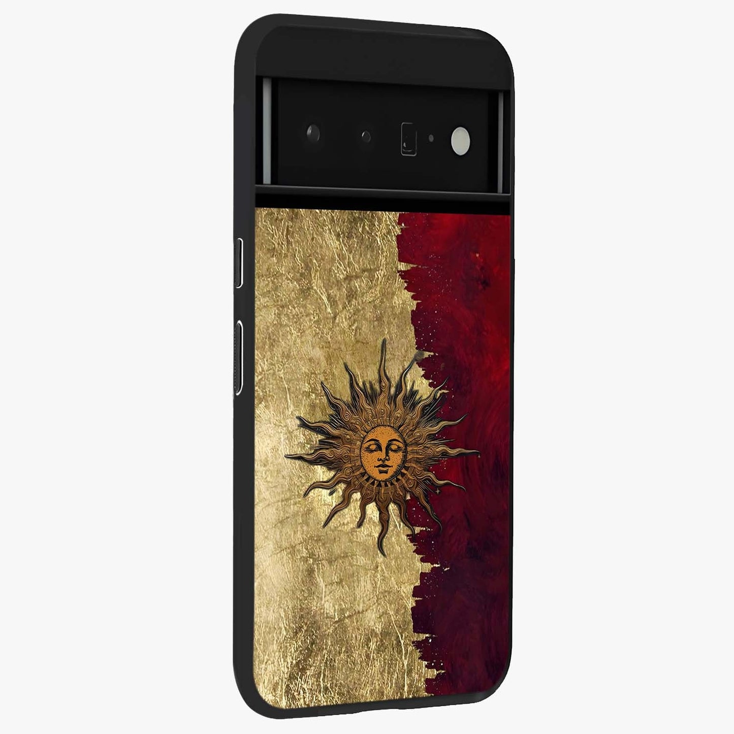 Crimson Sun Majesty Glass Case upright view showcasing vibrant sun artwork with powerful celestial theme.