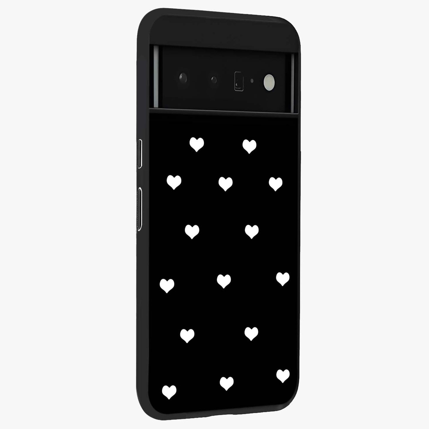 Cute And Simple White Hearts Glass Case upright view showcasing simple white hearts artwork with soft minimal theme.