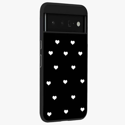 Cute And Simple White Hearts Glass Case upright view showcasing simple white hearts artwork with soft minimal theme.