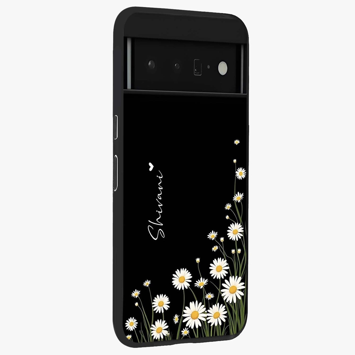 Daisy Cascade Custom Name Glass Case upright view showcasing elegant floral cascade design with personalized aesthetic.