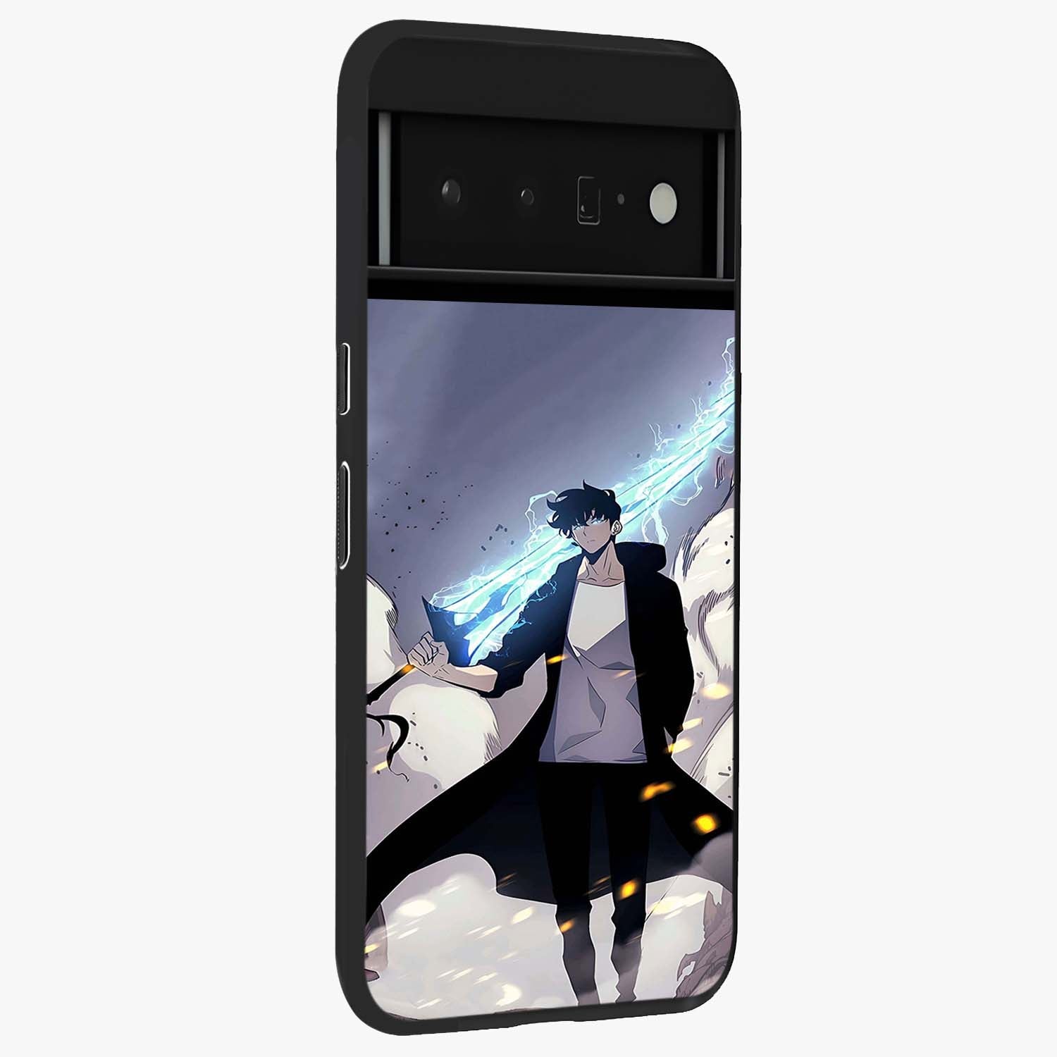 Dark Lightning Anime Warrior Glass Case upright view showcasing dramatic warrior artwork with dark lightning aesthetic.