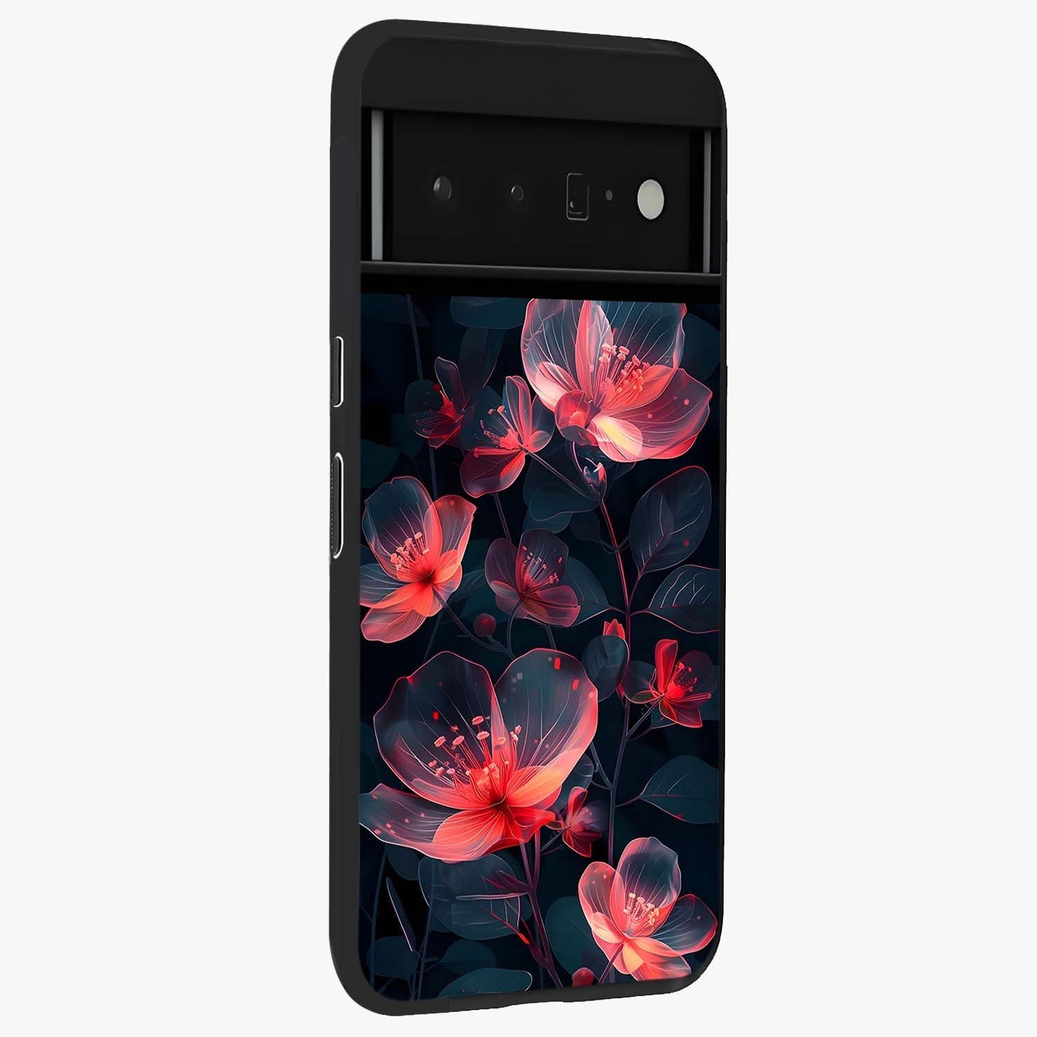 Dark Shade of Flower Glass Case upright view showcasing delicate flower artwork with rich dark floral theme.