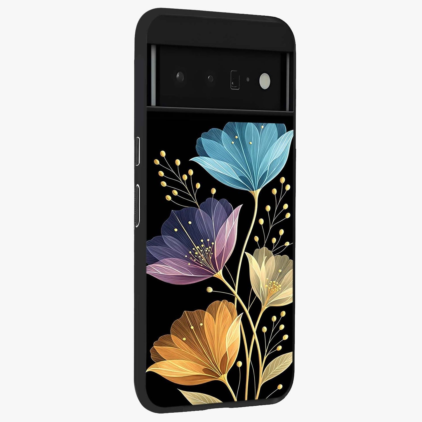 Delicate Multicolor Flowers Glass Case upright view showcasing delicate floral artwork with bright botanical theme.