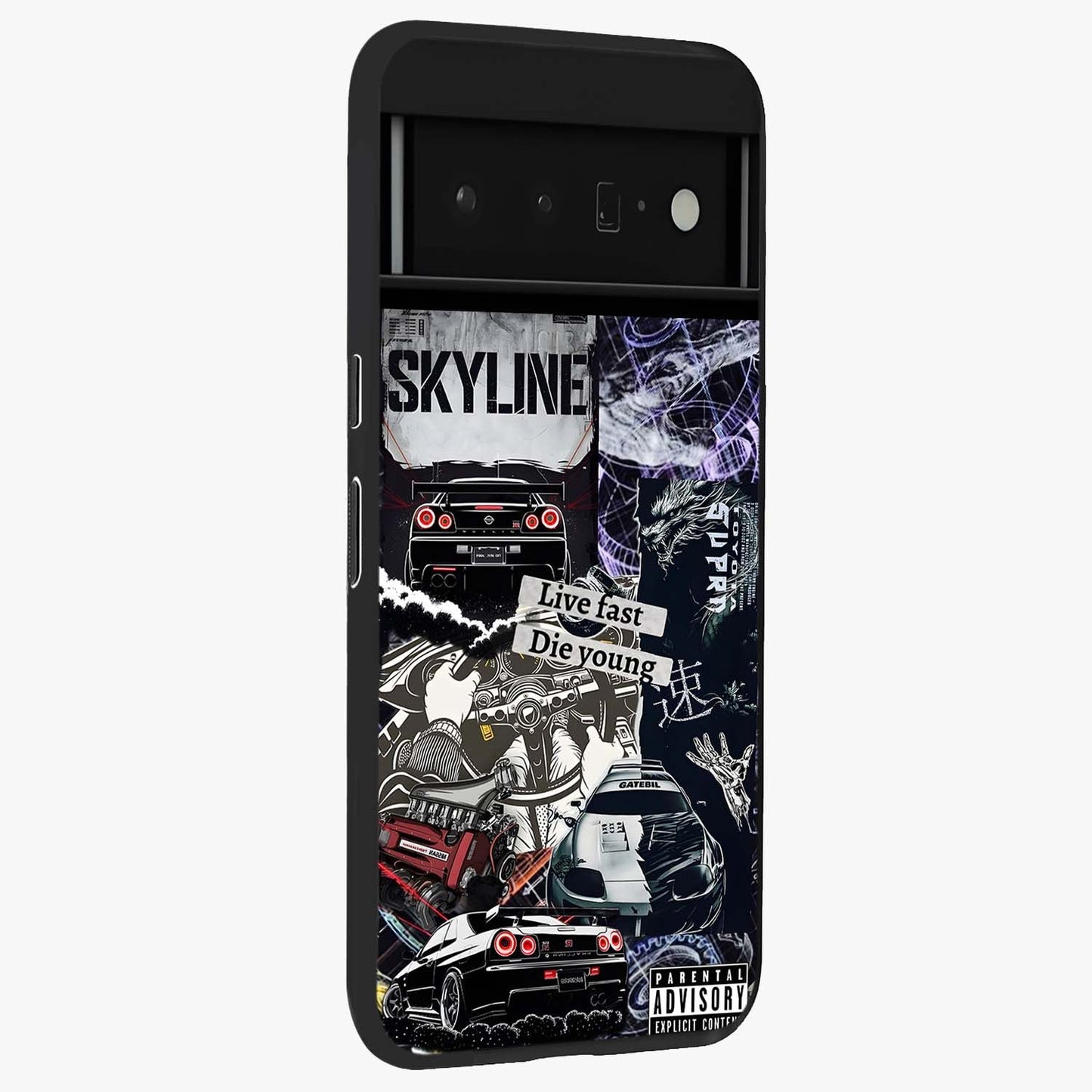 Die Young Glass Case upright view showcasing striking typography artwork with modern statement theme.