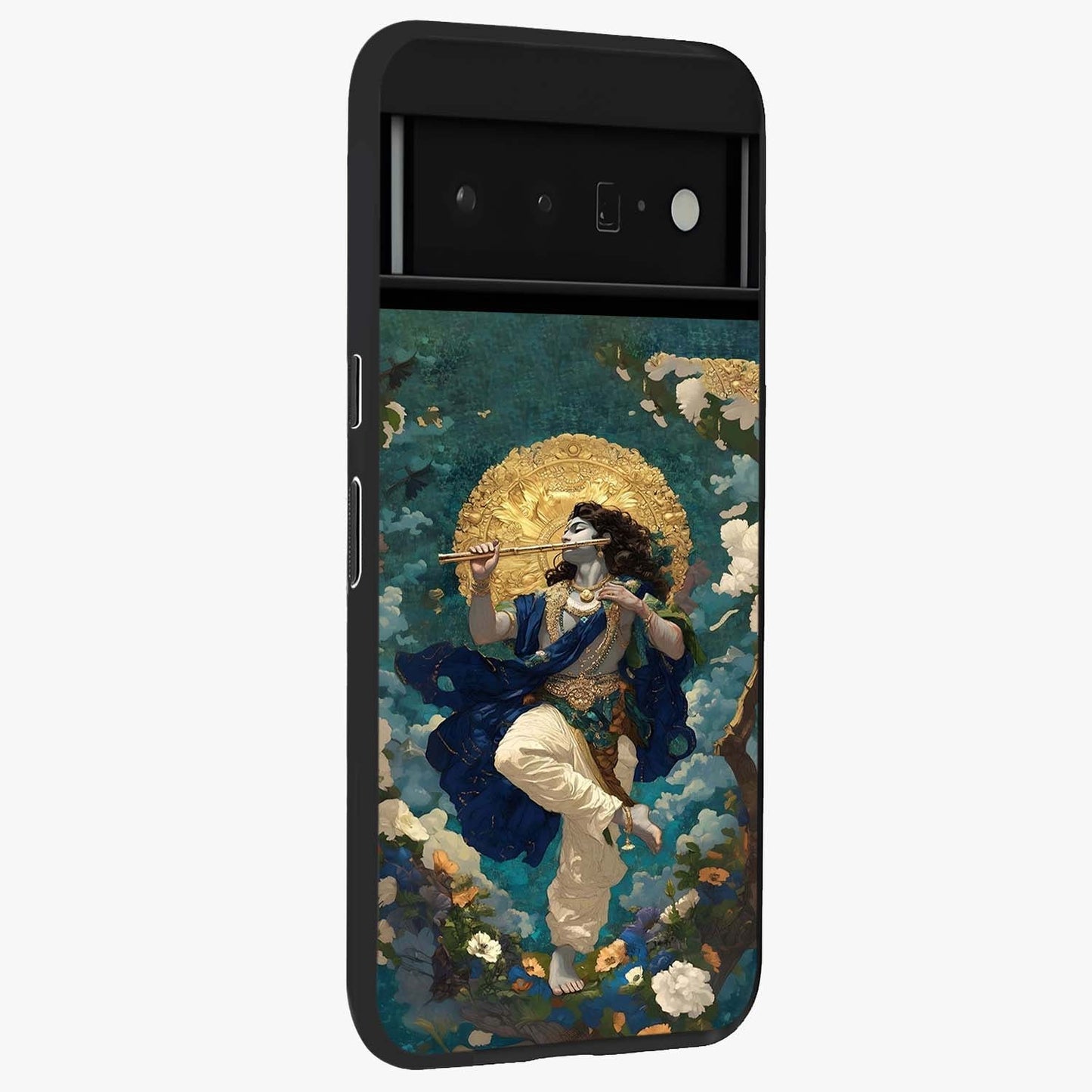 Divine Krishna Art Glass Case upright view showcasing divine Krishna artwork with sacred artistic theme.