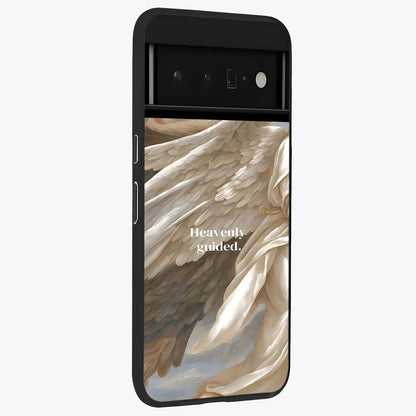 Divine Winged Grace Glass Case upright view showcasing spiritual wing artwork with soft celestial theme.