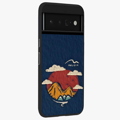 Dream Beyond Mountains Glass Case upright view showcasing beautiful mountain scenery with inspirational nature theme.