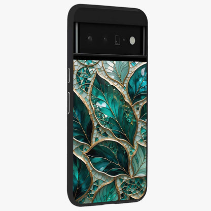 Emerald Leaf Glass Glass Case upright view showcasing fresh green leaf artwork with calming nature inspired style.