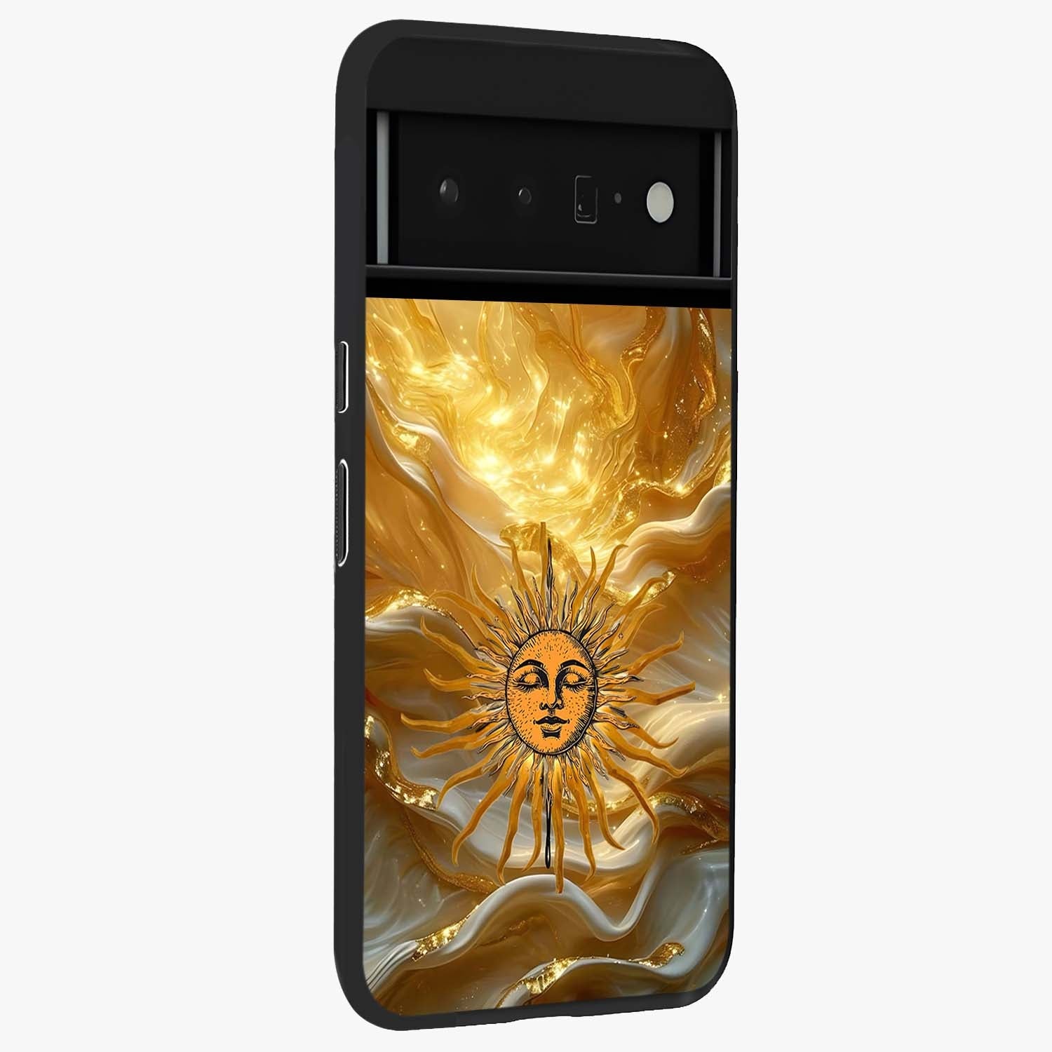 Eternal Golden Glow Glass Case upright view showcasing luminous golden artwork with luxurious visual theme.