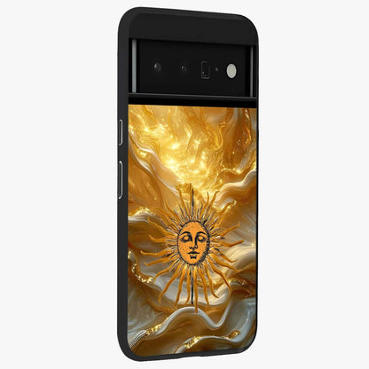 Eternal Golden Glow Glass Case upright view showcasing luminous golden artwork with luxurious visual theme.
