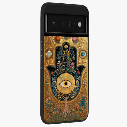 Ethereal Evil Eye Glass Case upright view showcasing celestial evil eye artwork with mystical theme.