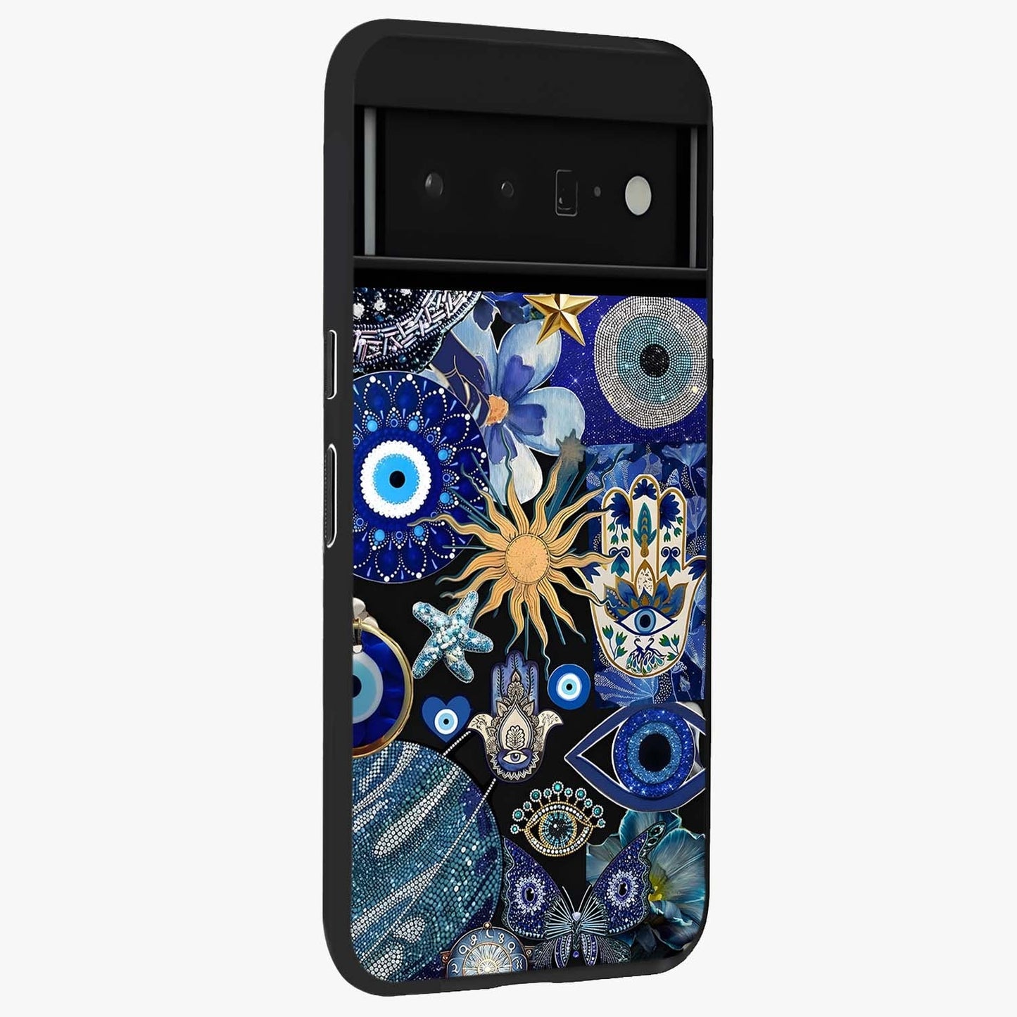 Evil Eye Charm Mix Glass Case upright view showcasing mystical evil eye pattern with vibrant decorative style.