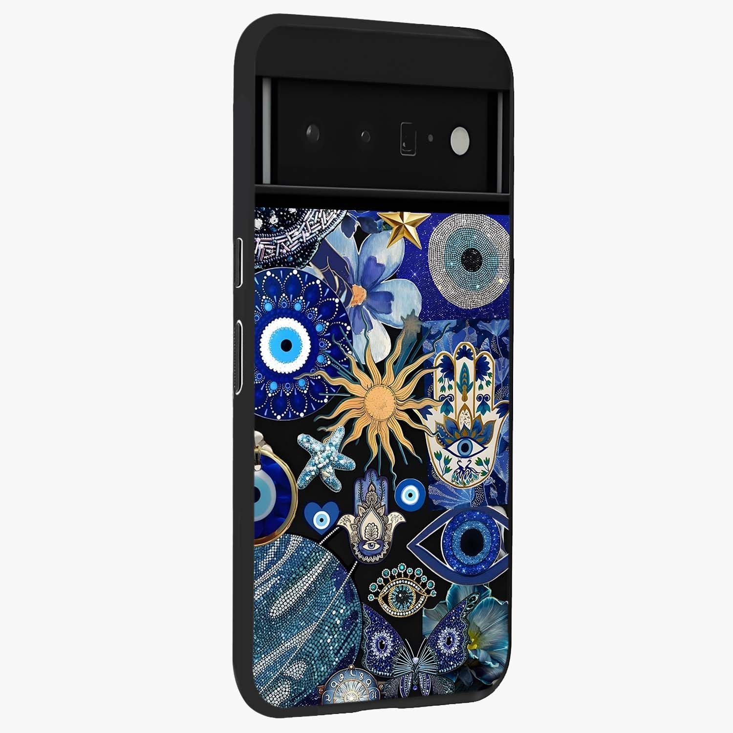 Evil Eye Charm Mix Glass Case upright view showcasing mystical evil eye pattern with vibrant decorative style.