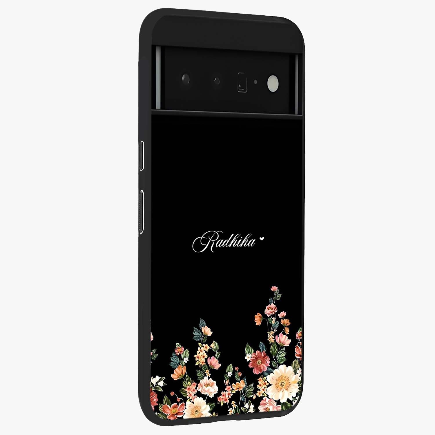 Floral Design With a Custom Personalized Name Glass Case upright view showcasing delicate floral artwork with personalized aesthetic style.