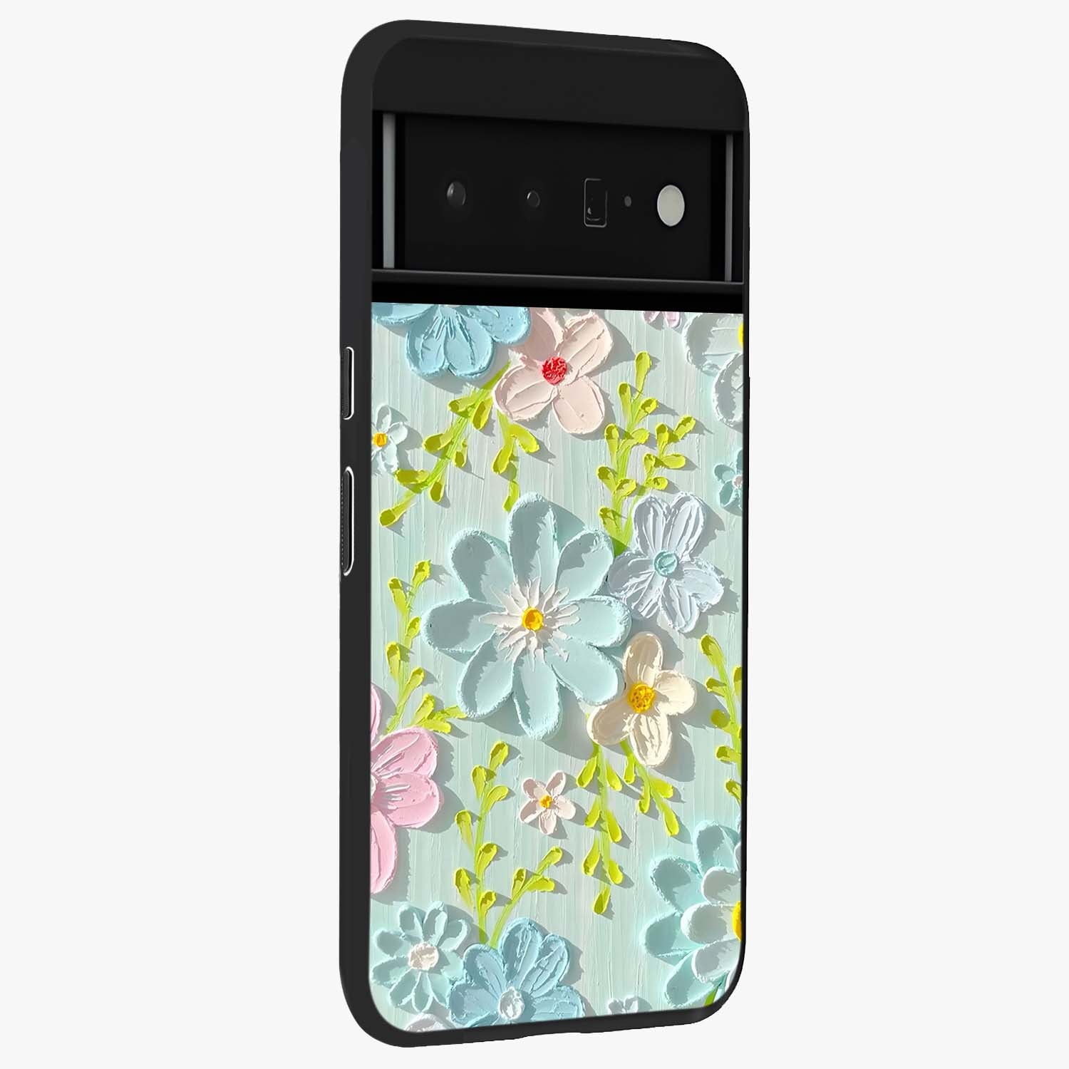 Frosted Petal Garden Glass Case upright view showcasing elegant floral garden artwork with soothing pastel theme.