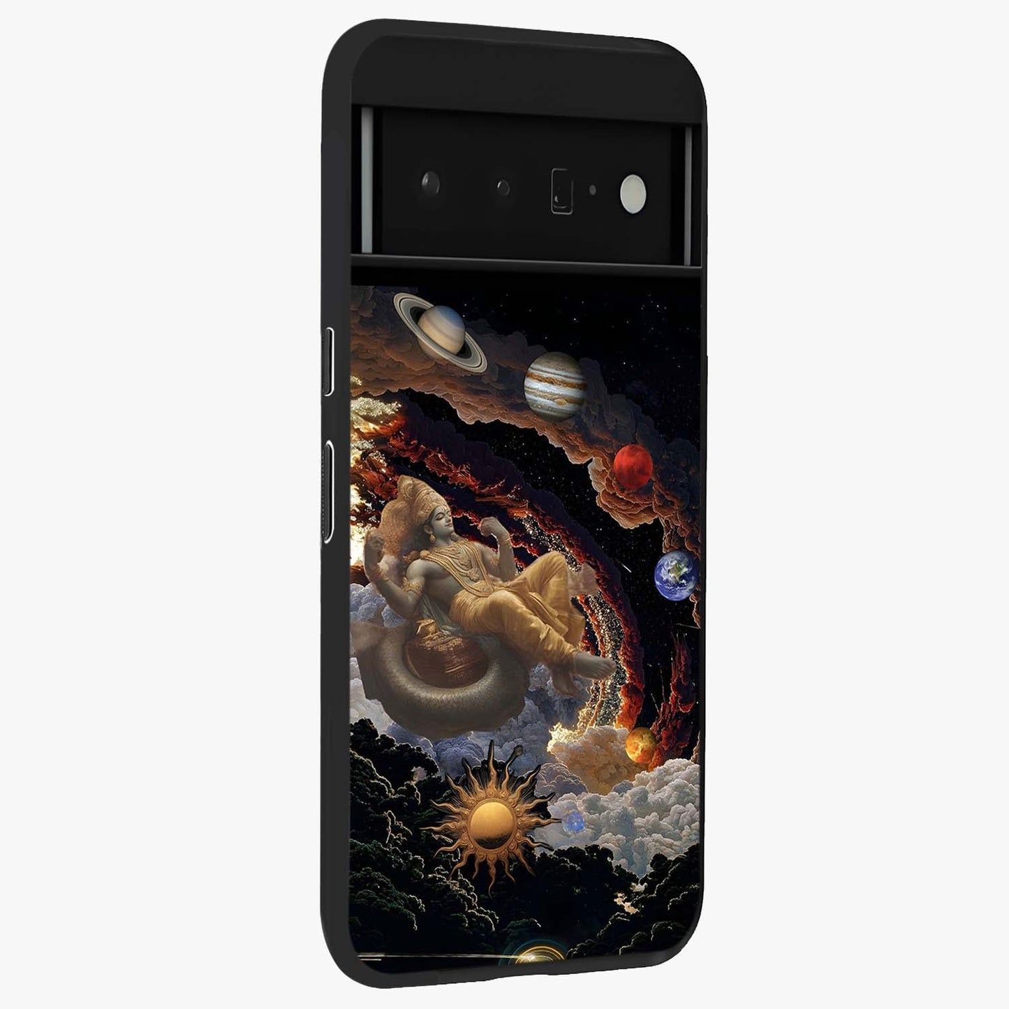 Galactic Divine God Glass Case upright view showcasing mystical divine artwork with dramatic cosmic theme.