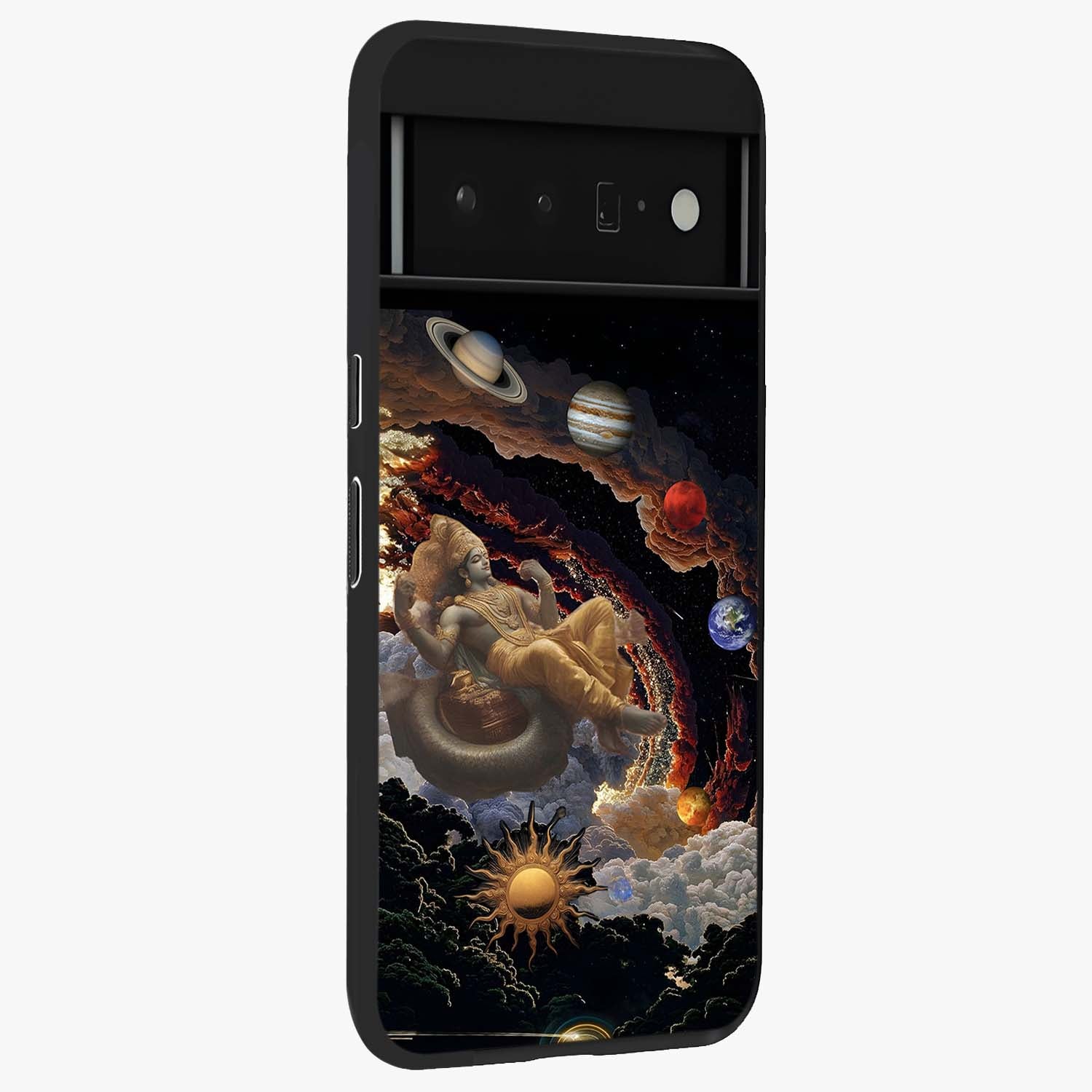 Galactic Divine God Glass Case upright view showcasing mystical divine artwork with dramatic cosmic theme.
