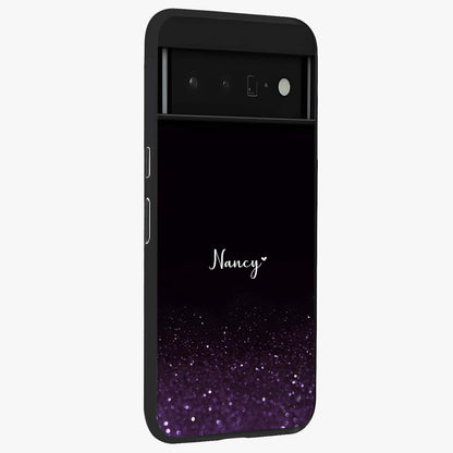 Glittery Purple Bokeh Custom Name Glass Case upright view showcasing vibrant purple sparkle artwork with personalized aesthetic style.