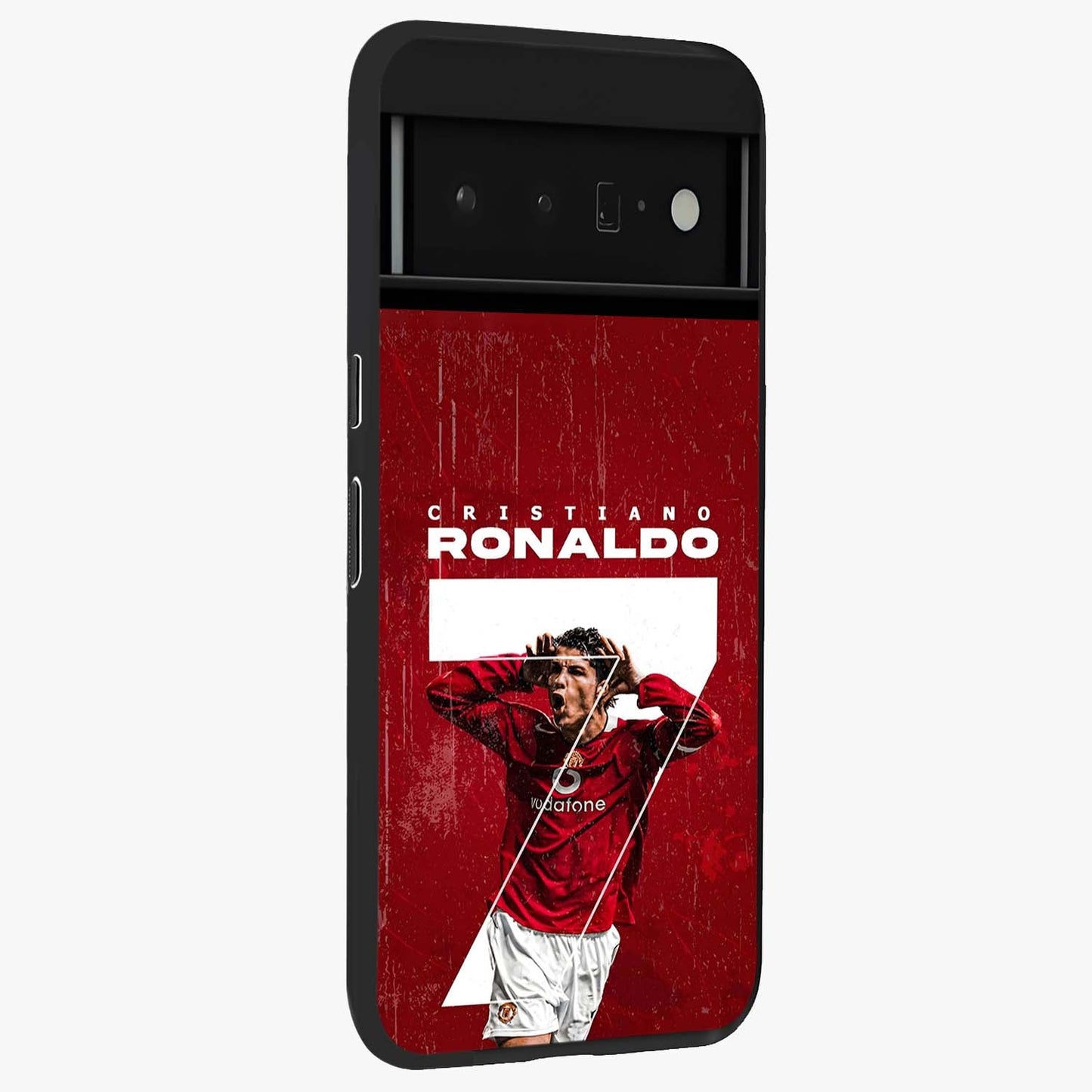 Goal Celebration Legacy Glass Case upright view showcasing dynamic football inspired artwork with victory celebration aesthetic.