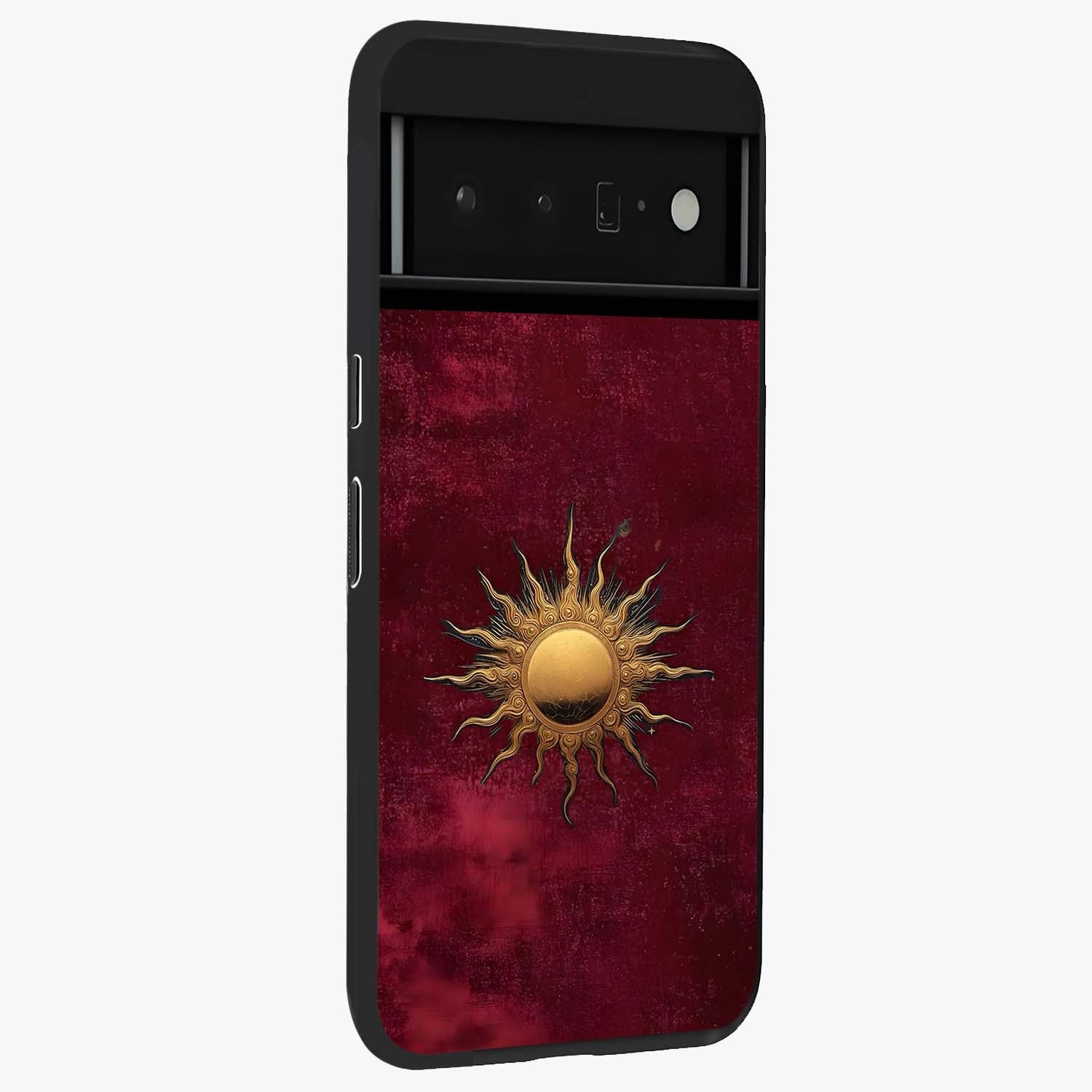 Gold Sun Blush Glass Case upright view showcasing glowing sun artwork with elegant celestial theme.