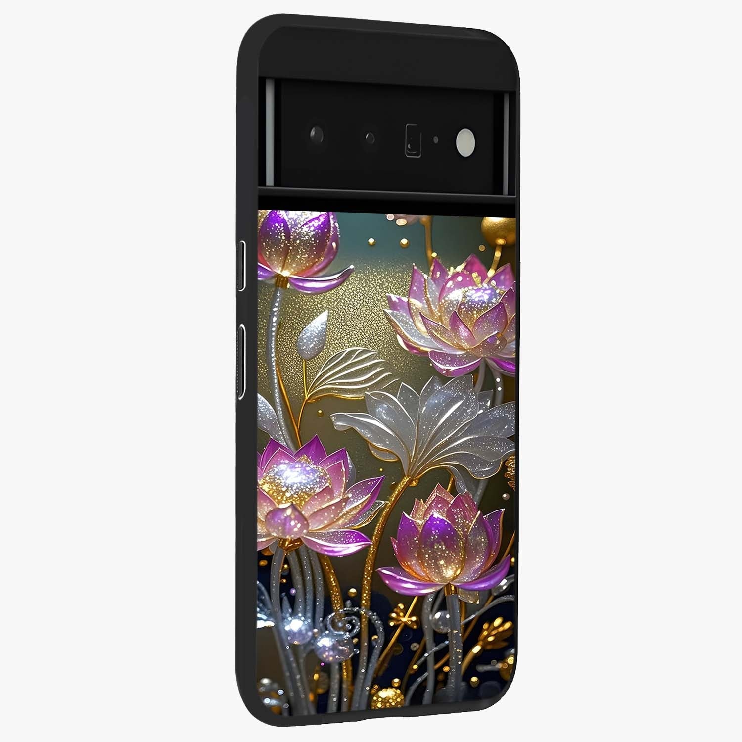 Golden Floral Majesty Glass Case upright view showcasing majestic floral artwork with rich decorative theme.