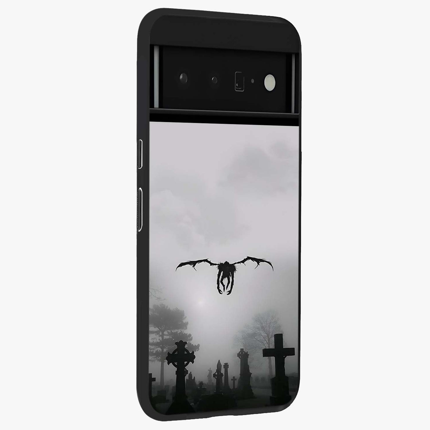 Graveyard Shadow Descent Glass Case upright view showcasing haunting graveyard artwork with dramatic dark theme.