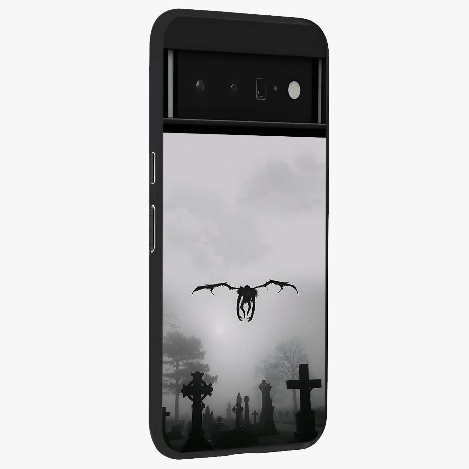 Graveyard Shadow Descent Glass Case upright view showcasing haunting graveyard artwork with dramatic dark theme.