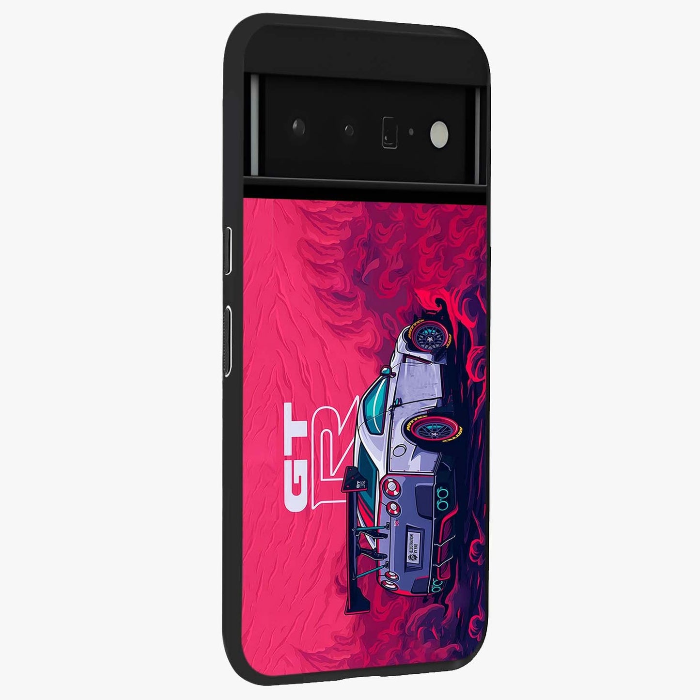 GT-R Car Pattern Glass Case upright view showcasing dynamic car pattern artwork with modern sports theme.