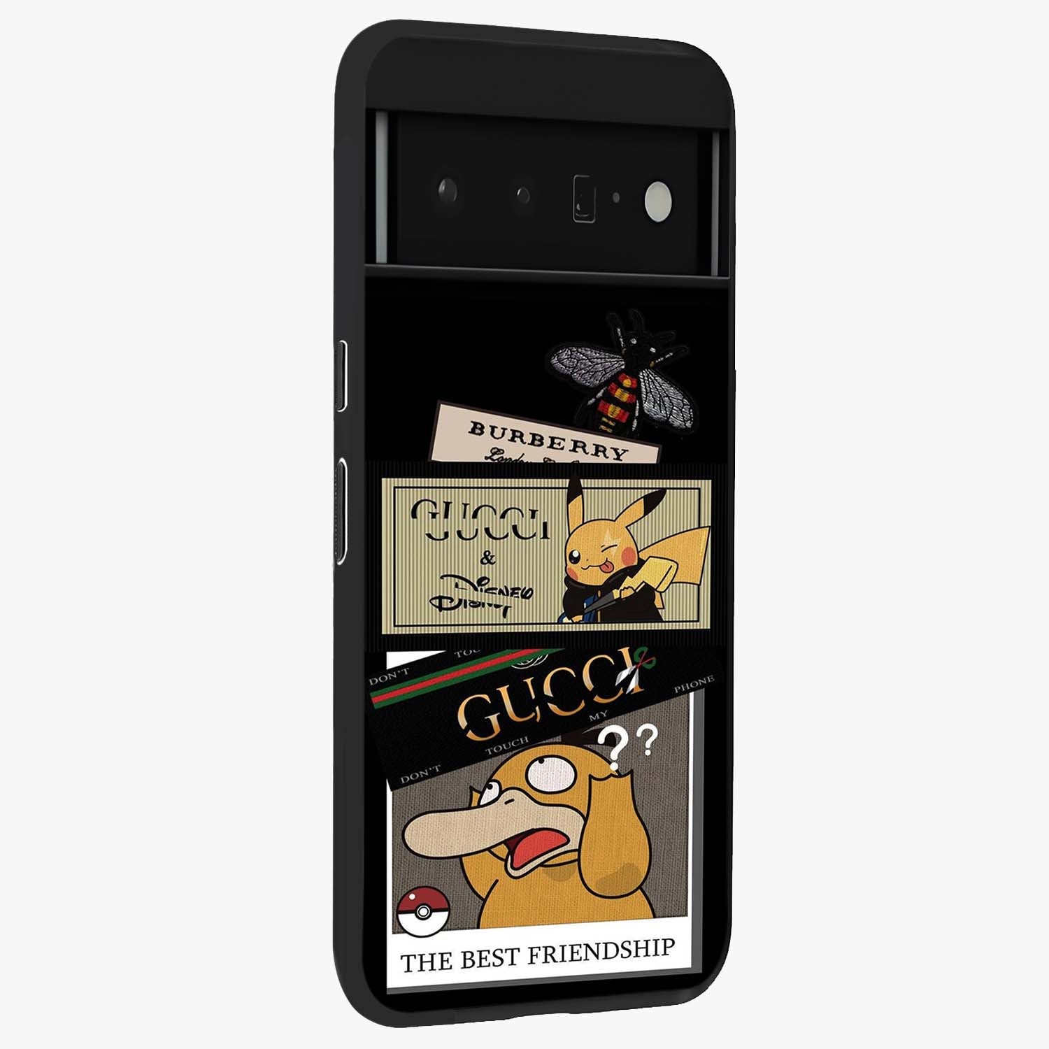 Gucci Play Mashup Glass Case upright view showcasing trendy luxury inspired artwork with modern fashion theme.