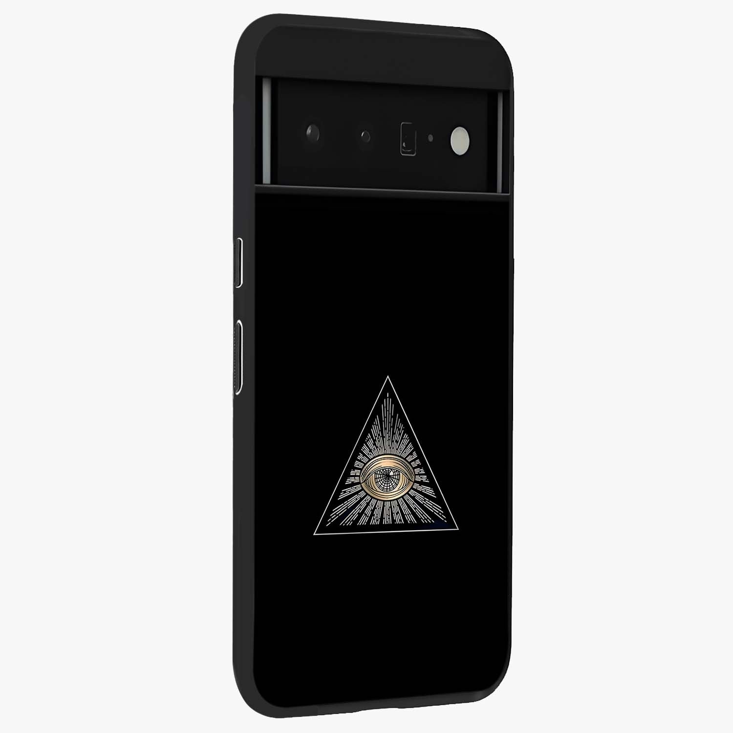 Illuminati Evil Glass Case upright view showcasing striking illuminati artwork with mysterious symbolic theme.