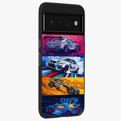 JDM Sports Car Glass Case upright view showcasing dynamic sports car artwork with bold racing theme.