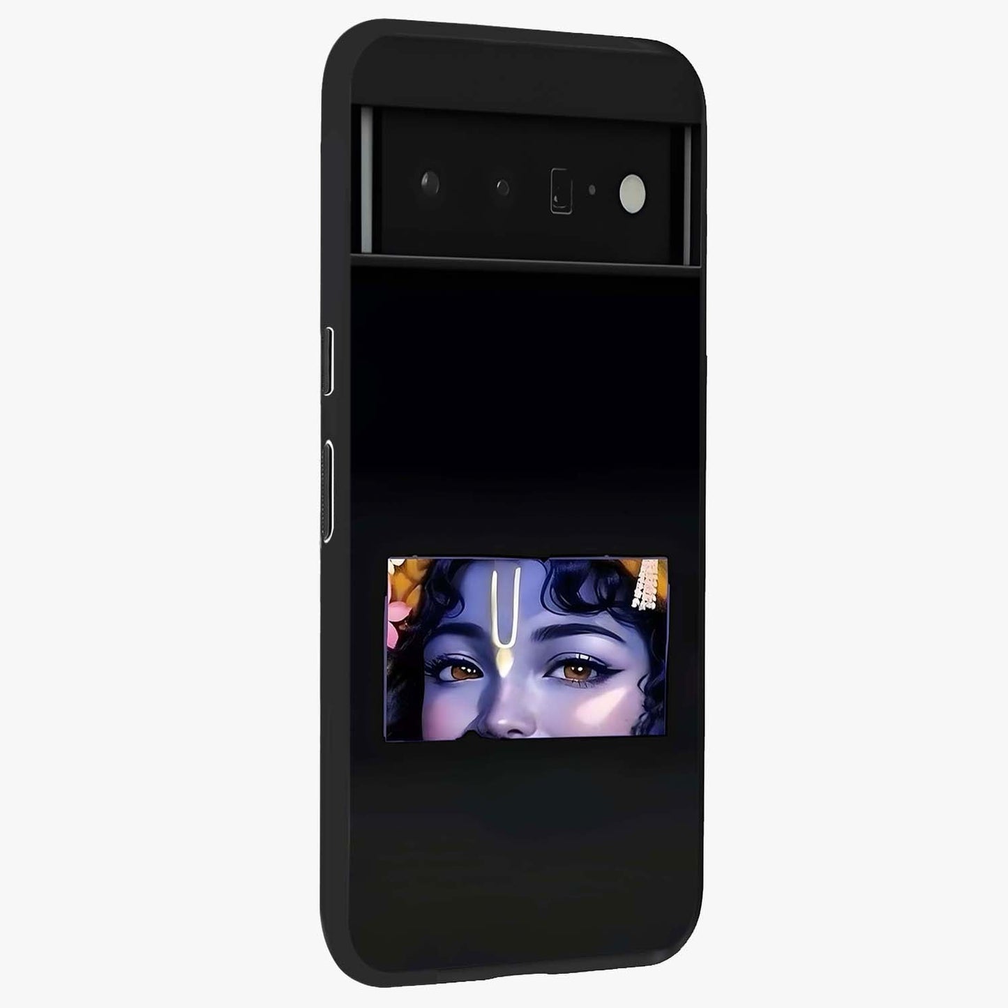 Krishna Divine Embrace Glass Case upright view showcasing sacred Krishna artwork with peaceful devotional theme.