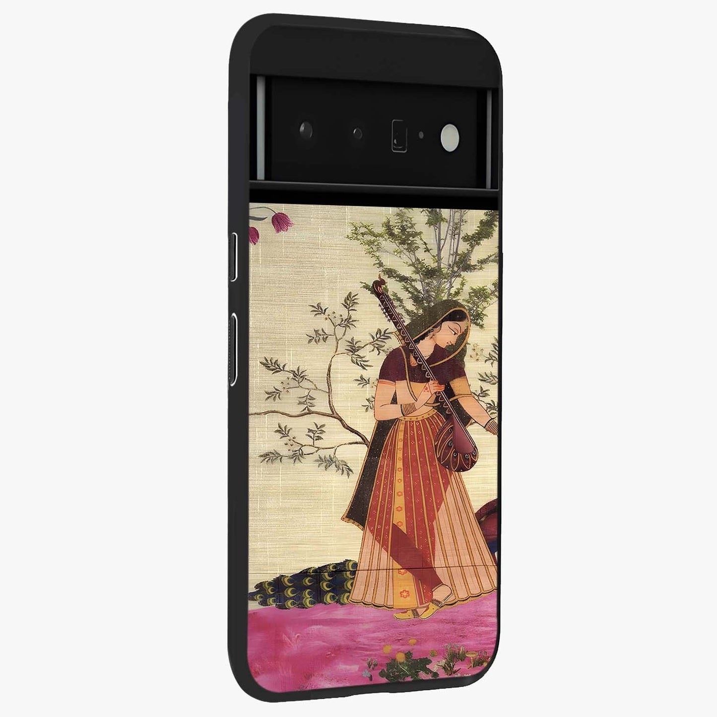 Lady With Veena Art Glass Case upright view showcasing classical veena artwork with traditional artistic theme.