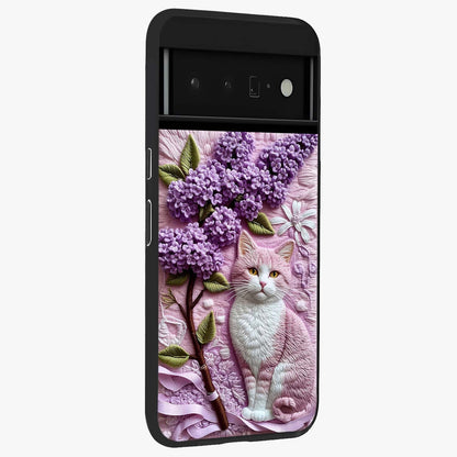Lavender Cat Whimsy Glass Case upright view showcasing charming cat artwork with whimsical lavender theme.