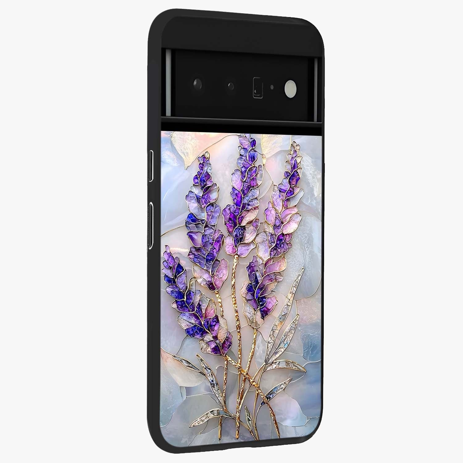 Lavender Dream Glow Glass Case upright view showcasing radiant lavender glow artwork with calming dreamy theme.