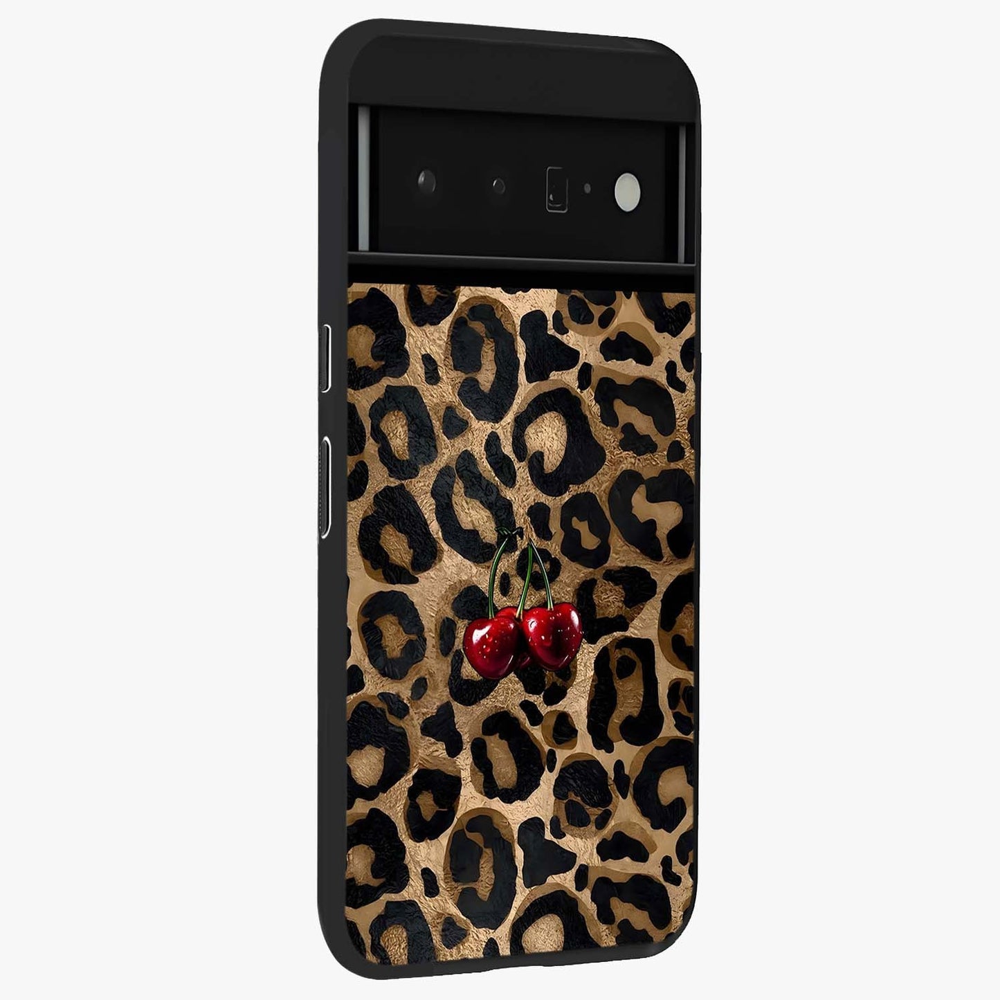 Leopard Wild Cherry Glass Case upright view showcasing stylish leopard pattern artwork with trendy fashion theme.