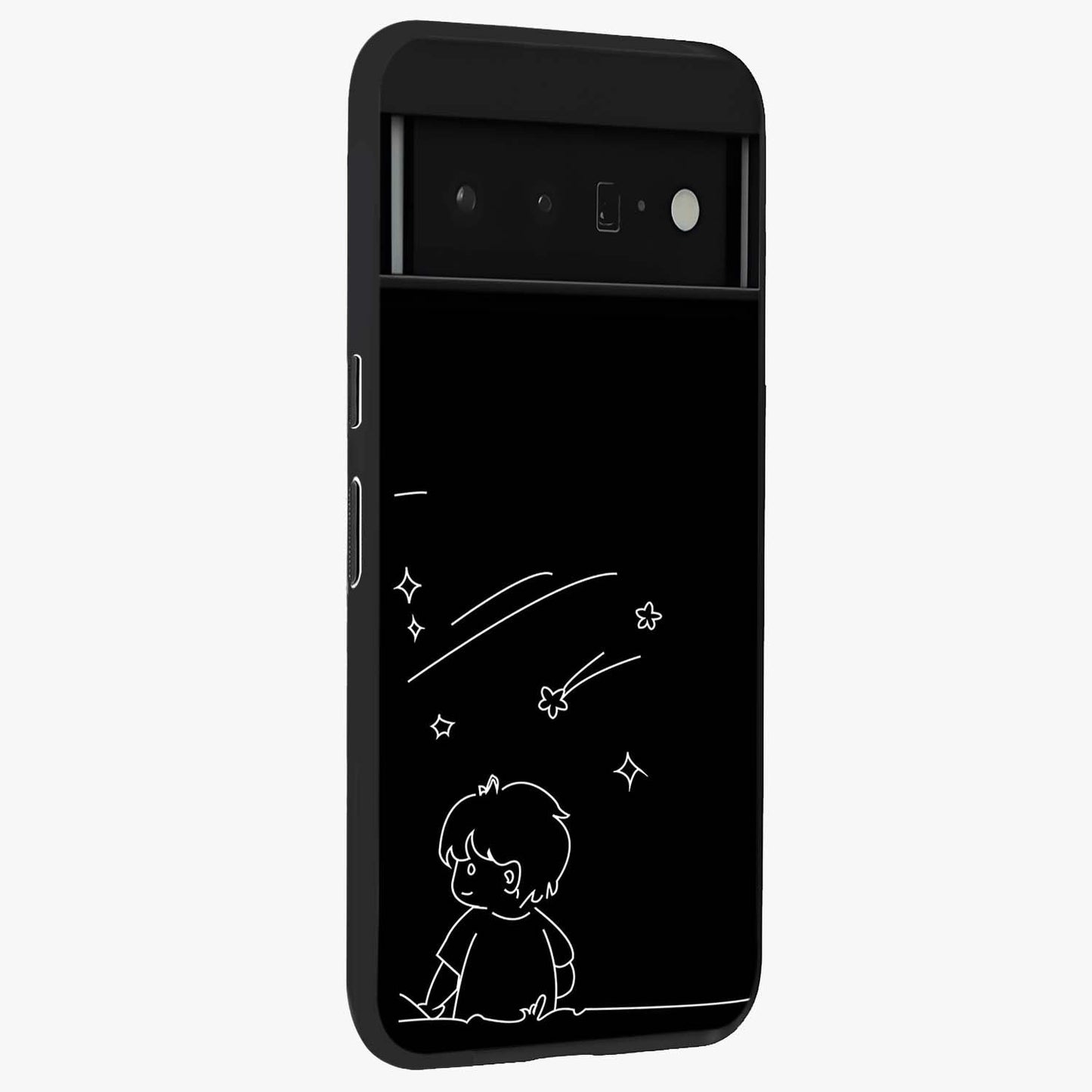 Line Art Boy With Shooting Stars Glass Case upright view showcasing artistic shooting star illustration with minimal style.
