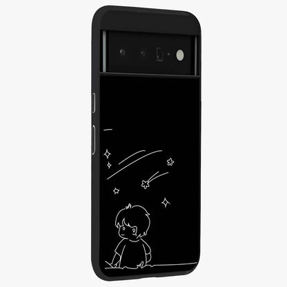 Line Art Boy With Shooting Stars Glass Case upright view showcasing artistic shooting star illustration with minimal style.