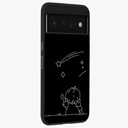 Line Art Girl With Shooting Stars Glass Case upright view showcasing delicate shooting stars artwork with minimal artistic theme.