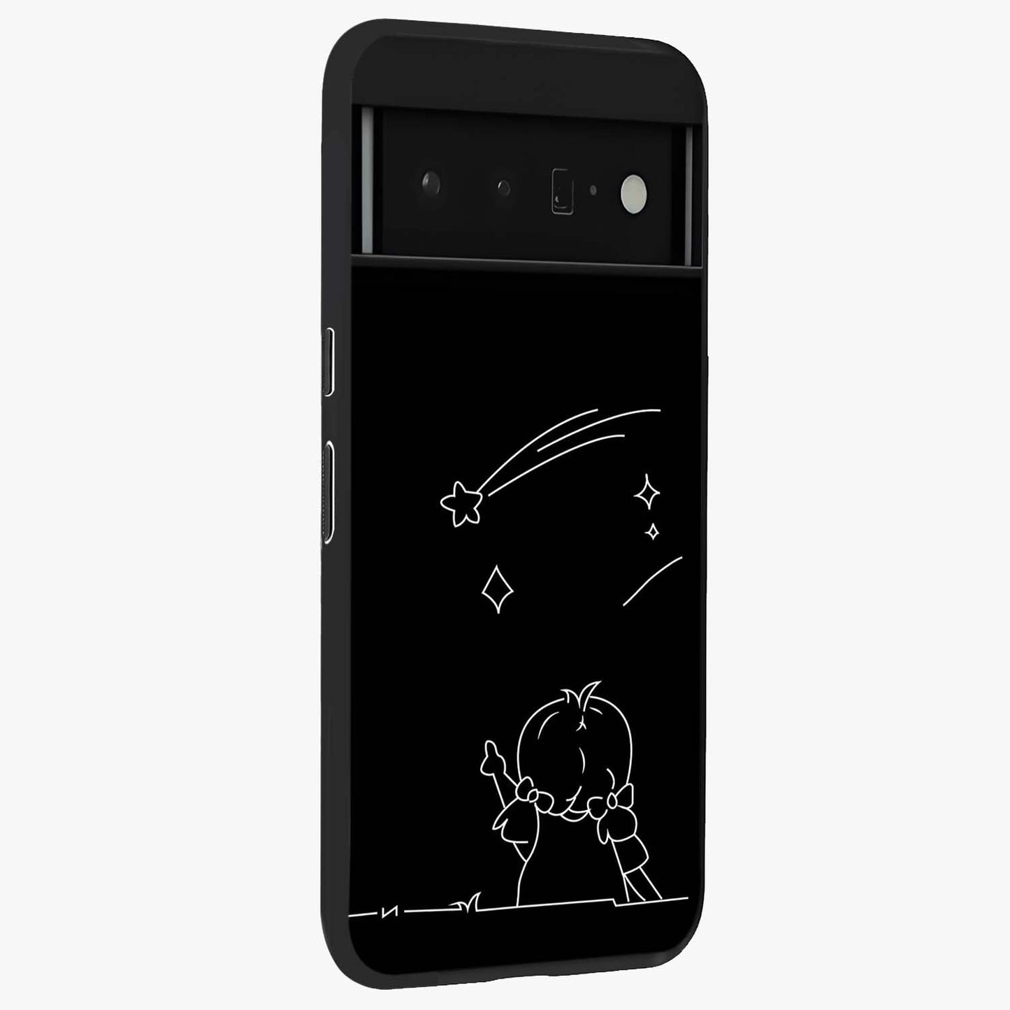 Line Art Girl With Shooting Stars Glass Case upright view showcasing delicate shooting stars artwork with minimal artistic theme.