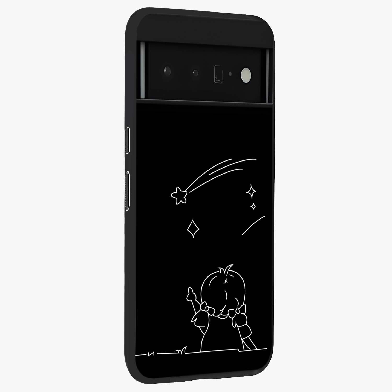 Line Art Girl With Shooting Stars Glass Case upright view showcasing delicate shooting stars artwork with minimal artistic theme.