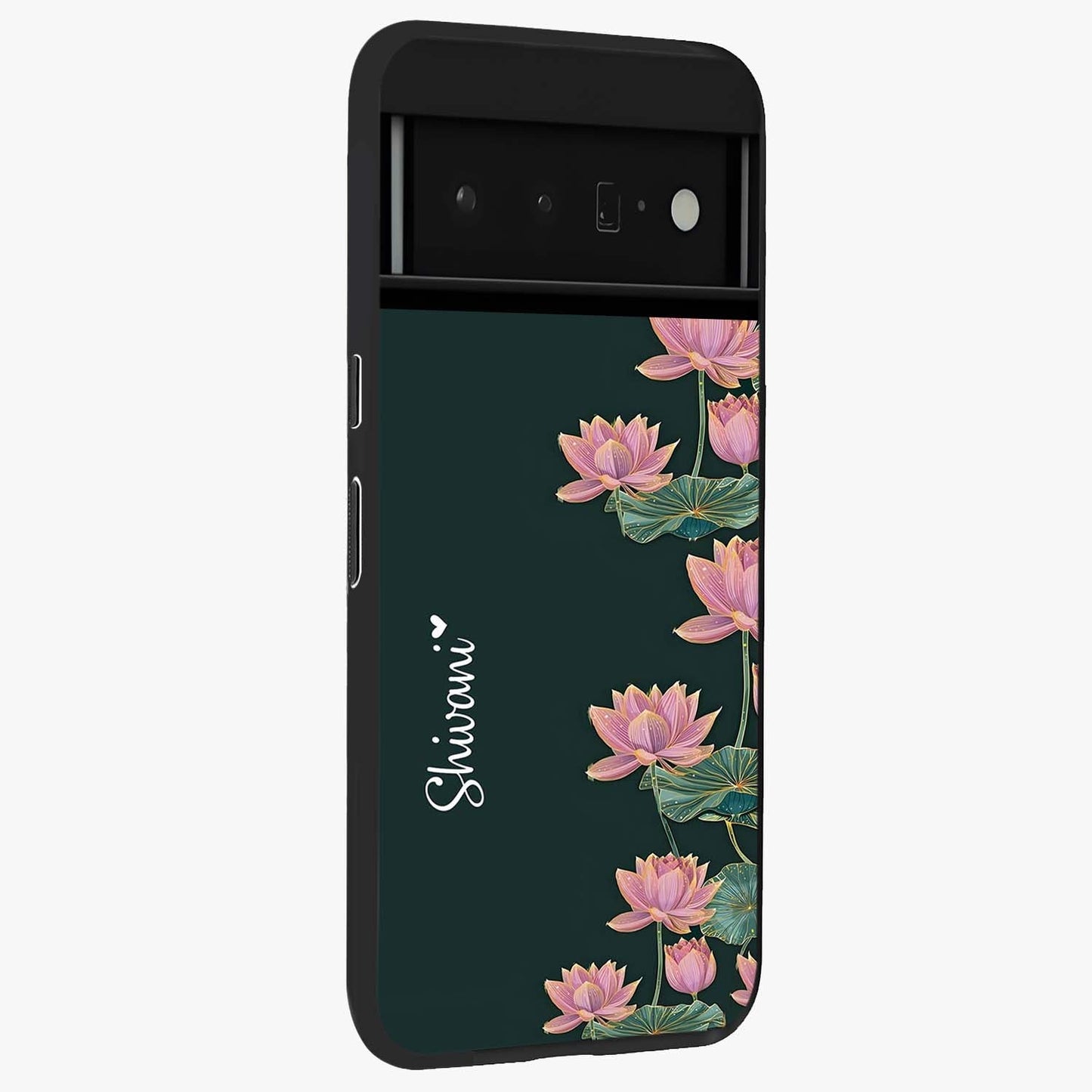 Lotus Bloom Serenity Custom Name Glass Case upright view showcasing serene lotus bloom artwork with personalized floral aesthetic.