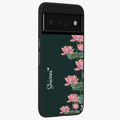 Lotus Bloom Serenity Custom Name Glass Case upright view showcasing serene lotus bloom artwork with personalized floral aesthetic.