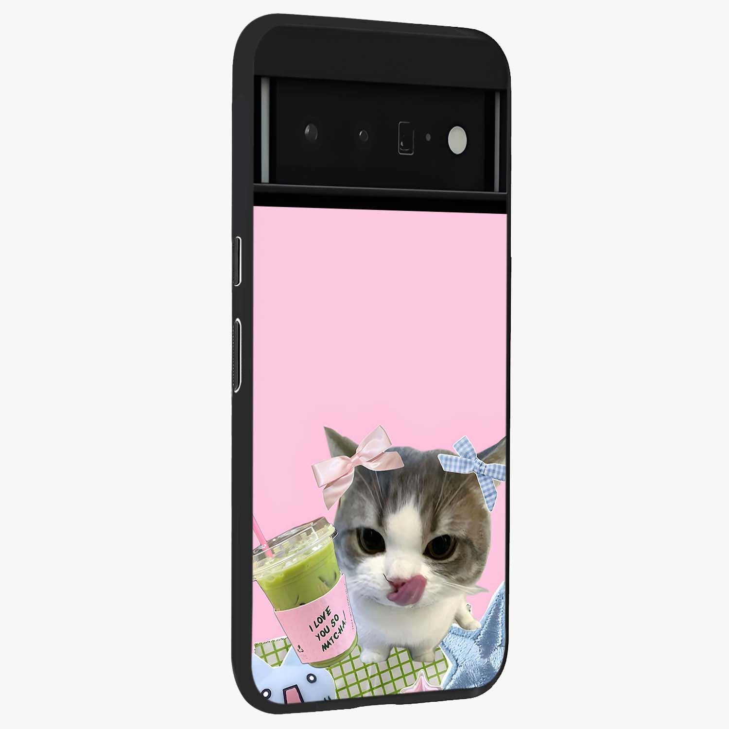 Love Matcha Cat Glass Case upright view showcasing adorable cat artwork with charming matcha themed design.