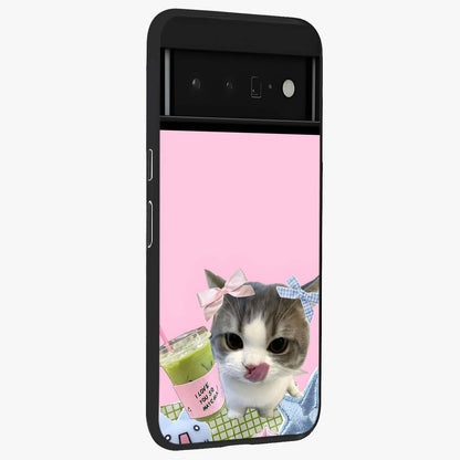 Love Matcha Cat Glass Case upright view showcasing adorable cat artwork with charming matcha themed design.