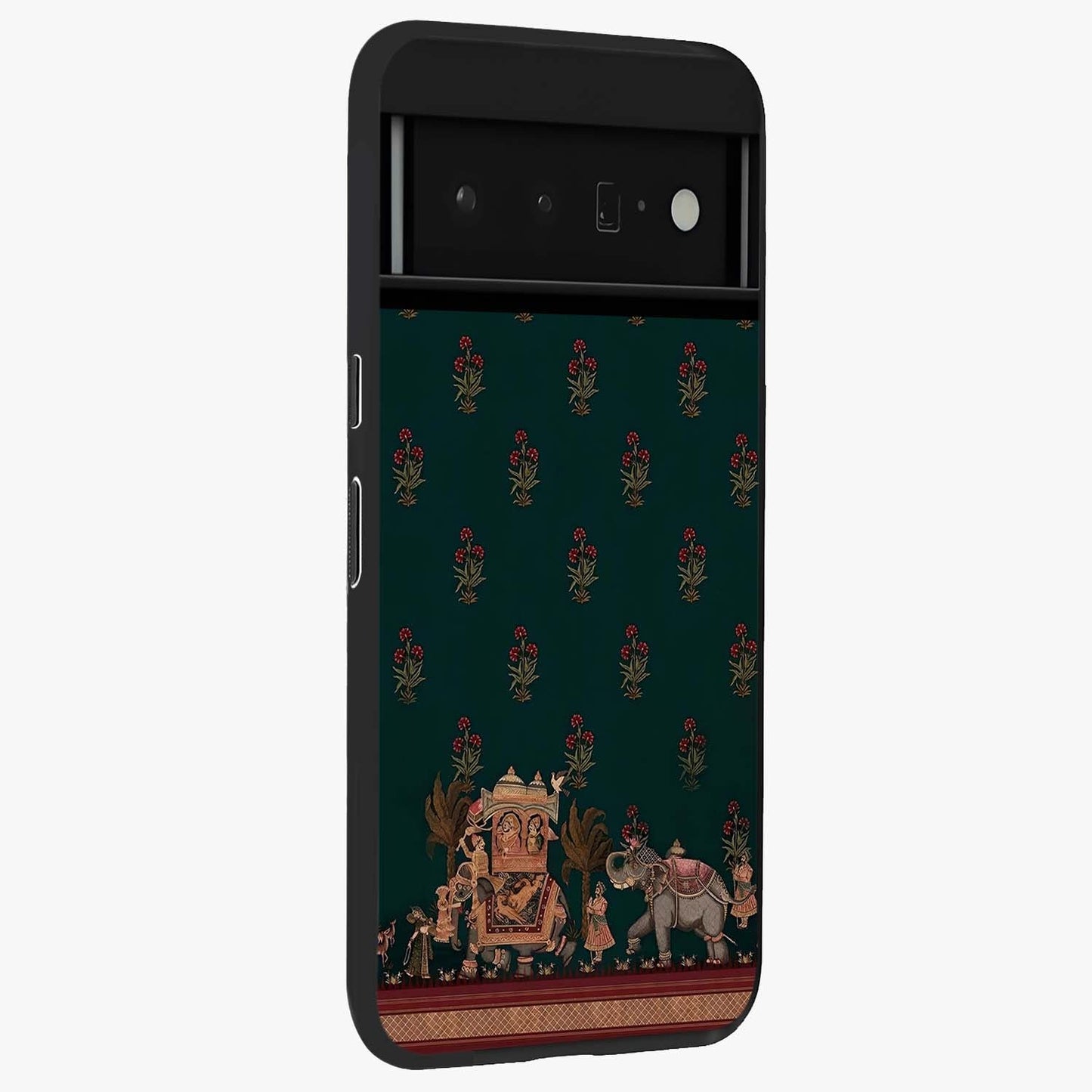 Macmerise Glass Case upright view showcasing bold artistic artwork with contemporary design theme.