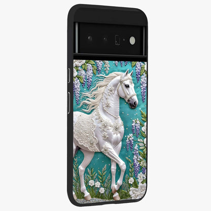 Majestic Floral Stallion Glass Case upright view showcasing dramatic horse artwork with decorative floral theme.