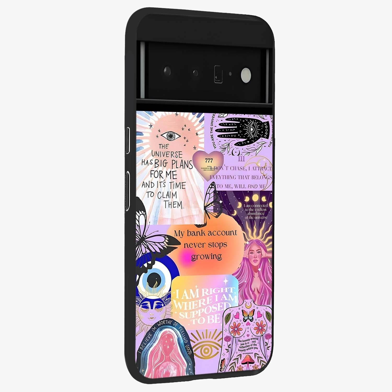 Manifestation Collage Glass Case upright view showcasing artistic manifestation themed artwork with creative style.